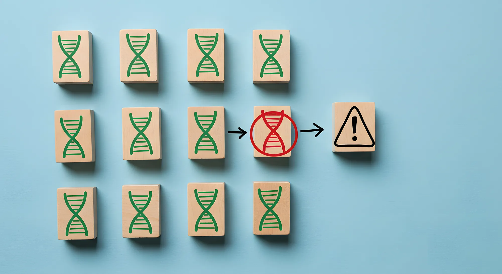 Wooden blocks arranged in a grid on a blue background, each printed with a green DNA double helix icon. One central block features a red DNA helix highlighted with a red circle, with arrows pointing from it to a final block displaying a warning triangle (exclamation mark), illustrating the concept of a genetic mutation leading to a potentially harmful outcome.