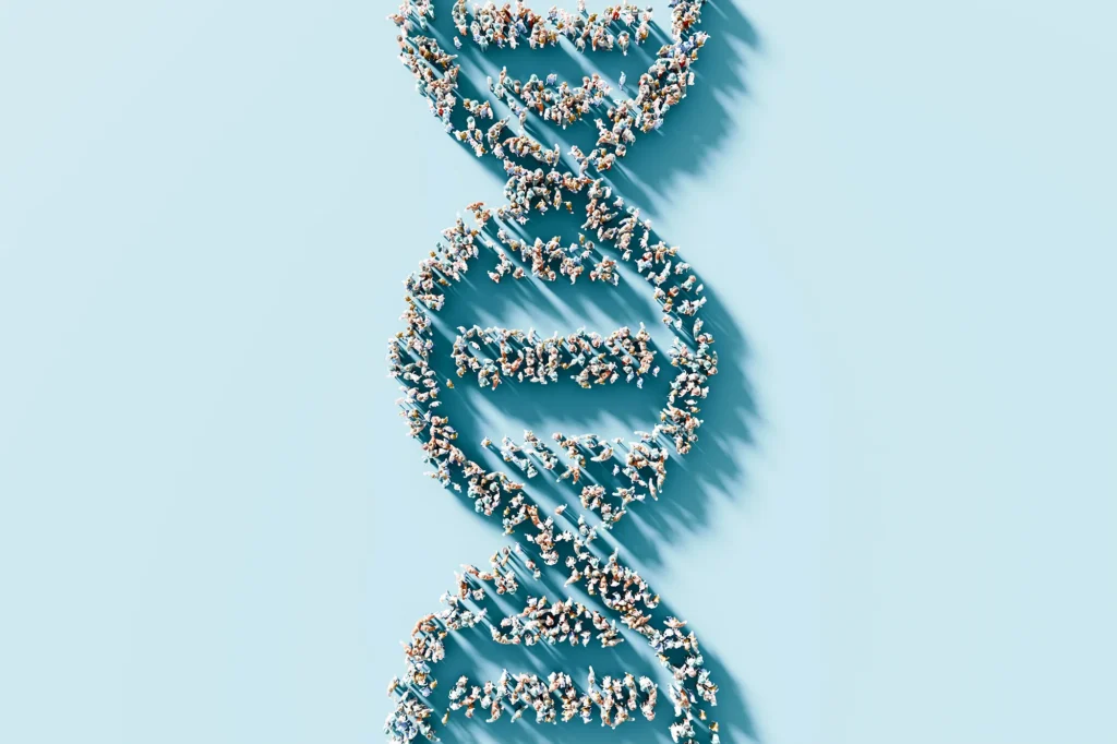 A large group of small human figures arranged to form the shape of a DNA double helix on a light blue background.